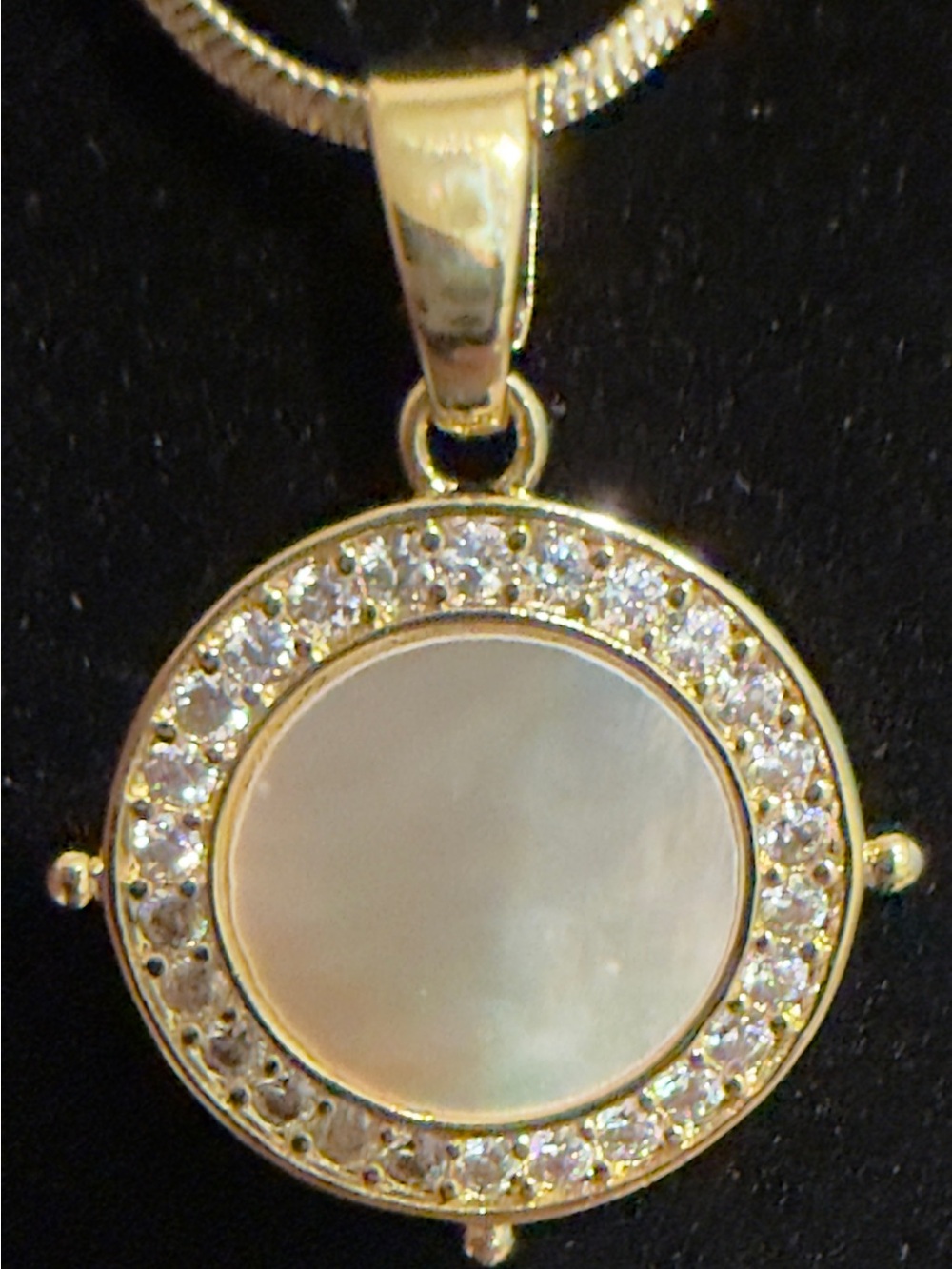 14 k yellow gold plated brass Mother of Pearl Pendant Necklace with Crystal Halo